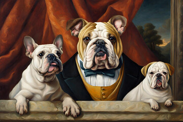 Funny Surreal Dog, Oil Painting. Funny and surreal pet animal dog in a classic art oil painting. The bulldog is an upper class aristocrat from the renaissance period