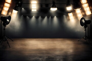 A panoramic grunge background with studio spotlights and copy space. A film, movie on set concept