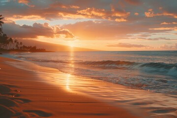 Beautiful, warm tropical sunset on the white sands . A fabulous destination for vacation and travel. 