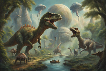 An oil painting of dinosaurs meeting aliens and having spaceships in the vast forest. river flows