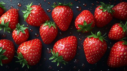 A bunch of red strawberries on a black surface, natural food - Powered by Adobe