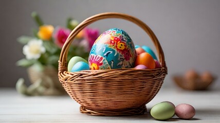 Easter eggs in wicker basket. Close-up shot with selective focus - obrazy, fototapety, plakaty