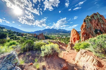 Beautiful view of Garden of the Gods in Colorado Springs. The Red Rock stone formations rise...