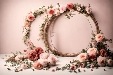 floral hoop digital backdrops. shoot set up with prop Flower and wood backdrop - obrazy, fototapety, plakaty