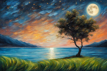 Oil painting night landscape  Starry Night sky with moon and Lonely Tree grass and sea water