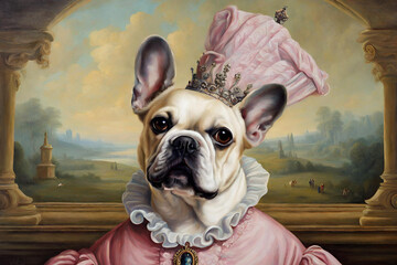Funny Dog, Marie Anoinette Surreal Oil Painting. Funny pet dog animal spoof of the oil painting of Marie Antoinette the queen of France. French bulldog head is fun! Surreal surrealism scene