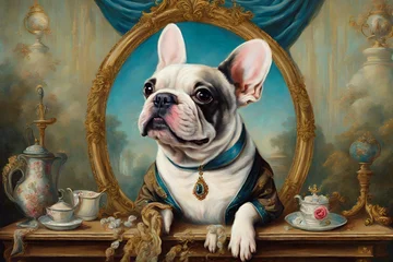 Foto auf Alu-Dibond Französische Bulldogge Funny Dog, Marie Anoinette Surreal Oil Painting. Funny pet dog animal spoof of the oil painting of Marie Antoinette the queen of France. French bulldog head is fun! Surreal surrealism scene