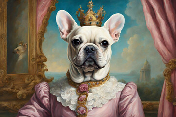 Funny Dog, Marie Anoinette Surreal Oil Painting. Funny pet dog animal spoof of the oil painting of Marie Antoinette the queen of France. French bulldog head is fun! Surreal surrealism scene