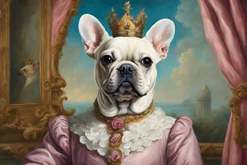 Papier Peint photo Bulldog français Funny Dog, Marie Anoinette Surreal Oil Painting. Funny pet dog animal spoof of the oil painting of Marie Antoinette the queen of France. French bulldog head is fun! Surreal surrealism scene