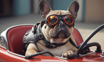 Close-up of a funny french bulldog with goggles in a pedal car detailed