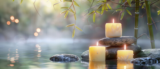 Serene spa setting with candles bamboo and stones for relaxation