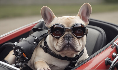 Close-up of a funny french bulldog with goggles in a pedal car detailed