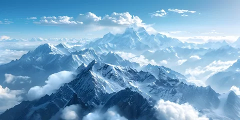 Fotobehang Majestic Snow-Capped Mountain Peaks Soaring into the Boundless Skies,Pristine Wilderness Landscape Seen from Above © Bussakon