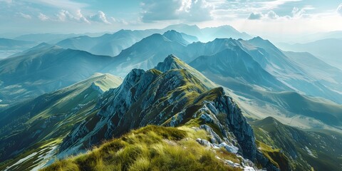 Majestic Mountain Peaks Soaring Above the Misty Valleys and Rugged Terrain in an Awe-Inspiring Panoramic Landscape - obrazy, fototapety, plakaty