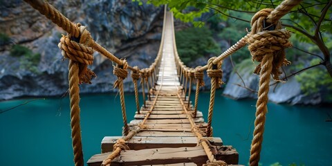 Precarious Rope Bridge Spanning Dramatic Wilderness Landscape with Serene Flowing Water - obrazy, fototapety, plakaty
