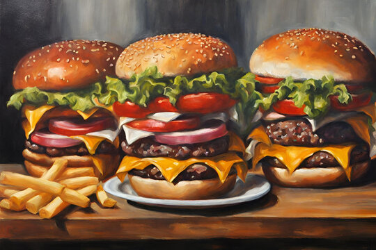 Oil paintings of hamburgers fries soft drinks