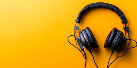 Discarded Headset After a Long Virtual Conference Call,Copy Space on Yellow Background