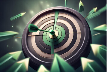 Marketing strategy symbol. One green dart hitting the center of a target with many grey other targets in a row