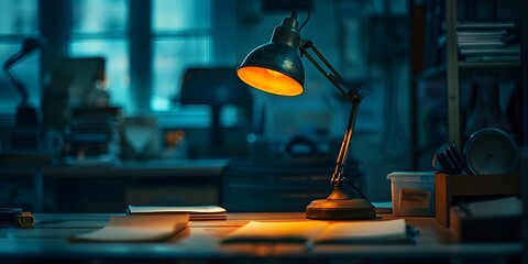 A Solitary Work Lamp Illuminating a Dimly Lit Office During Late Night Hours,Fostering a Focused and Reflective Atmosphere for Productivity and