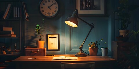 Solitary Study Late At Night With Dimly Lit Desk Lamp and Surrounding Decor in Cozy Office Environment