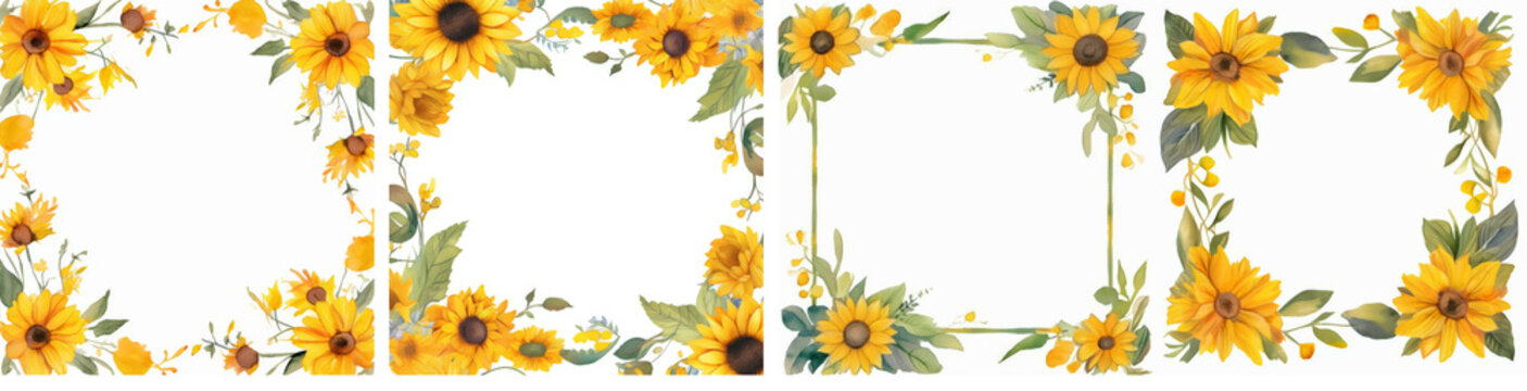 Sunflower border PNG. Watercolor floral frame. Sunflowers illustration. Yellow flowers for rustic wedding invitation, thanksgiving decoration, greeting cards. Isolated on transparent background