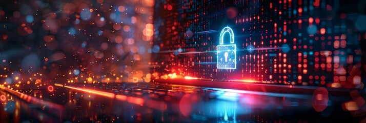 Obraz premium Cybersecurity concept with laptop and lock icon. A visually captivating illustration showcasing a laptop with a glowing lock symbol signifying cybersecurity, set against a futuristic digital backdrop
