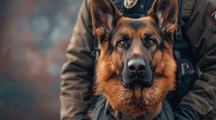 A loyal german shepherd dog sitting next to a police officer and a badge on a dark background. - obrazy, fototapety, plakaty