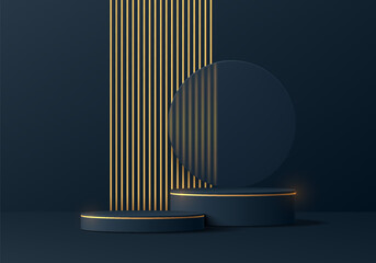 Fototapety  Realistic 3D dark blue cylinder podium pedestal background with luxury golden lines scene. Minimal scene mockup products stage showcase, Cosmetic banner promotion display. Abstract empty platforms.