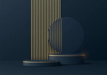 Fototapeten Realistic 3D dark blue cylinder podium pedestal background with luxury golden lines scene. Minimal scene mockup products stage showcase, Cosmetic banner promotion display. Abstract empty platforms. © JE48