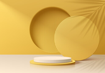 Realistic 3D yellow and white cylinder podium pedestal with round circle window background. Coconut leaf shadow. Abstract minimal scene mockup products display. Stage showcase. Vector geometric forms.