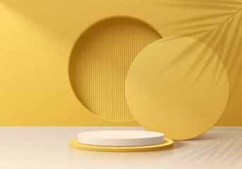 Fototapeten Realistic 3D yellow and white cylinder podium pedestal with round circle window background. Coconut leaf shadow. Abstract minimal scene mockup products display. Stage showcase. Vector geometric forms. © JE48