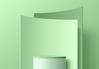 Realistic 3D green and white podium pedestal background with layers curve backdrop wall scene. Minimal scene mockup product stage showcase, Banner cosmetic promotion display. Abstract vector platforms