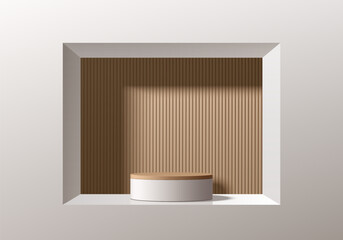 Realistic 3D white cylinder podium pedestal in brown wood square window  background. Wall minimal scene mockup products stage showcase, Cosmetic banner promotion display. 3D abstract empty platforms.