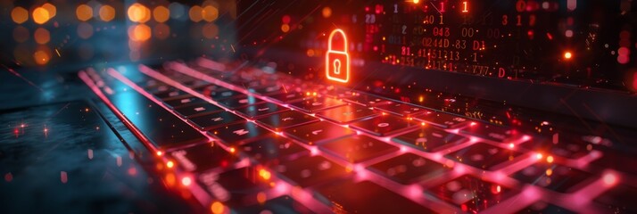 Fototapeta premium Cybersecurity concept with laptop and lock icon. A visually captivating illustration showcasing a laptop with a glowing lock symbol signifying cybersecurity, set against a futuristic digital backdrop