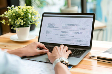 Job applicant crafting his resume and CV on a laptop