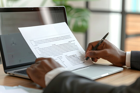 Job applicant crafting his resume and CV on a laptop