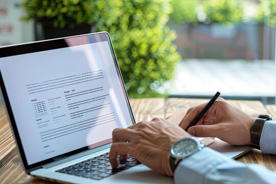 Job applicant crafting his resume and CV on a laptop