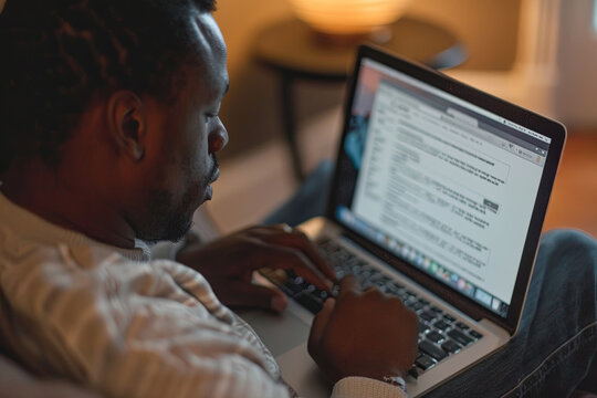 Job applicant crafting his resume and CV on a laptop