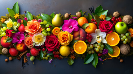 random selection of colorful flowers like roses, Jasmine, Orchid , lily some fruits like orange,...