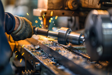 Worker operating a lathe machine at an industrial manufacturing factory