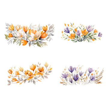 Autumn Crocus branches with green leaves watercolor illustration. Flat vector illustration isolated on white background