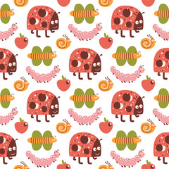 Baby insect seamless pattern. Cute baby ladybug background, childish insect print. Little lady bug digital paper. Sweet kids wallpaper. Vector illustration summer insect character. Kids fabric design