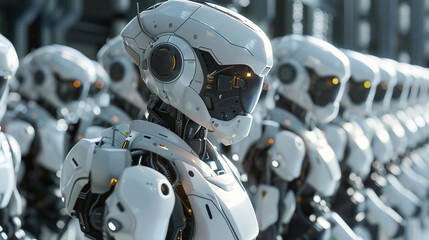 A close-up view of an advanced humanoid robot's head and upper torso, part of a series in a high-tech robotic assembly line.