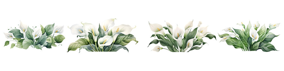Calla Lily branches with green leaves watercolor illustration. Flat vector illustration isolated on white background