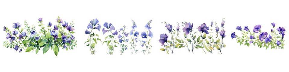 Canterbury Bells branches with green leaves watercolor illustration. Flat vector illustration isolated on white background - obrazy, fototapety, plakaty