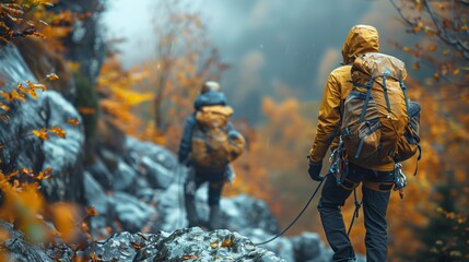 Two hikers with backpacks scaling a mountain for recreation
