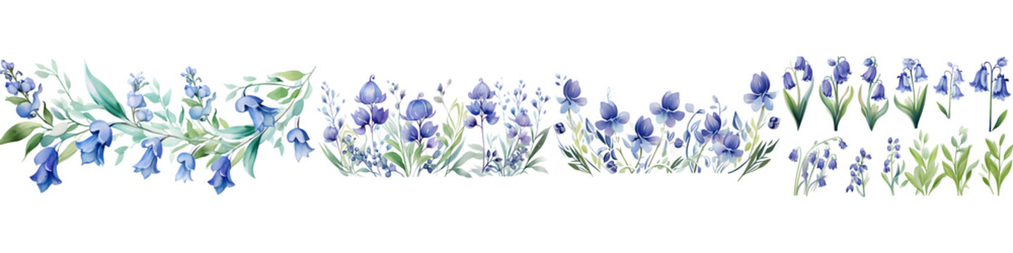Bluebell branches with green leaves watercolor illustration. Flat vector illustration isolated on white background