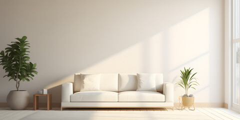 Fototapeta na wymiar a white interior of a living room with white sofa wood table and plants white wall and sunlight background