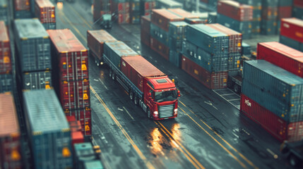 A red semi truck maneuvers between stacked cargo containers in a busy commercial shipping yard on a rainy day. - obrazy, fototapety, plakaty