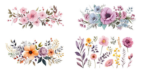 Flowers and leaves digital illustration, spring design, watercolor hand painting. Perfectly for printing, sublimation